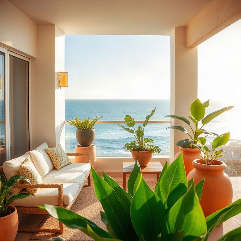 Furnished Meireles beachfront balcony with tropical plants overlooking the ocean