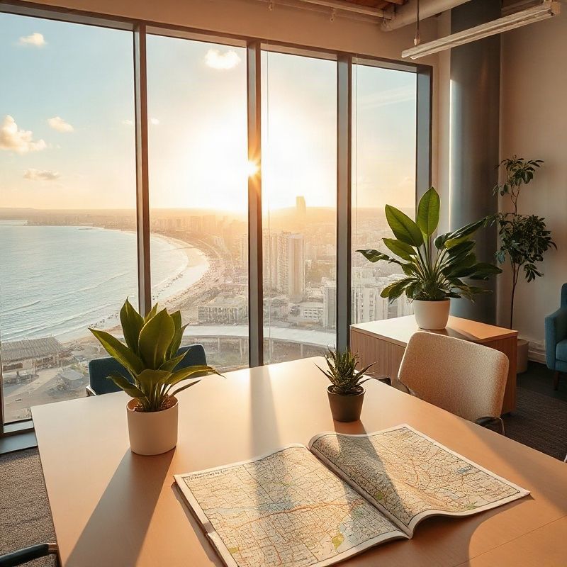 Consulting meeting in a light-filled Fortaleza office overlooking the Beira Mar coastline