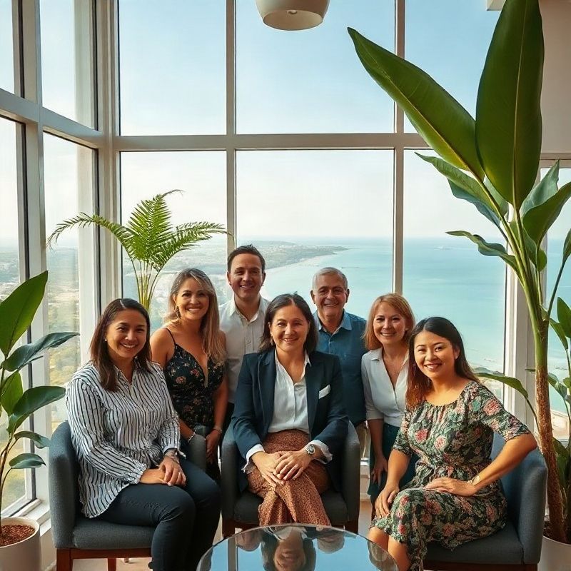 Small professional real estate team in a bright Fortaleza office with a view of the coastline