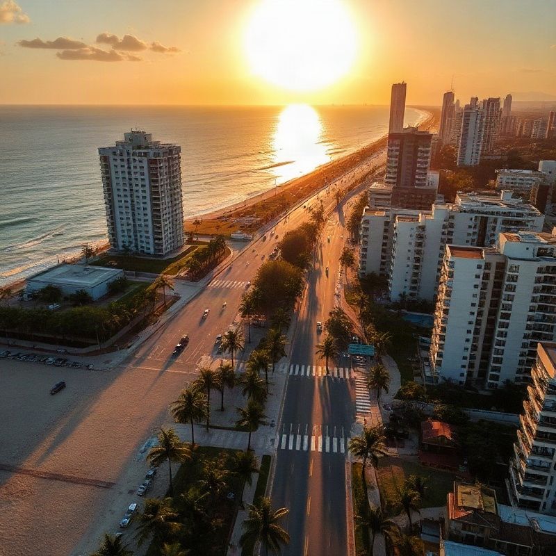 Aerial view of Fortaleza coastline at golden hour along Av. Beira Mar