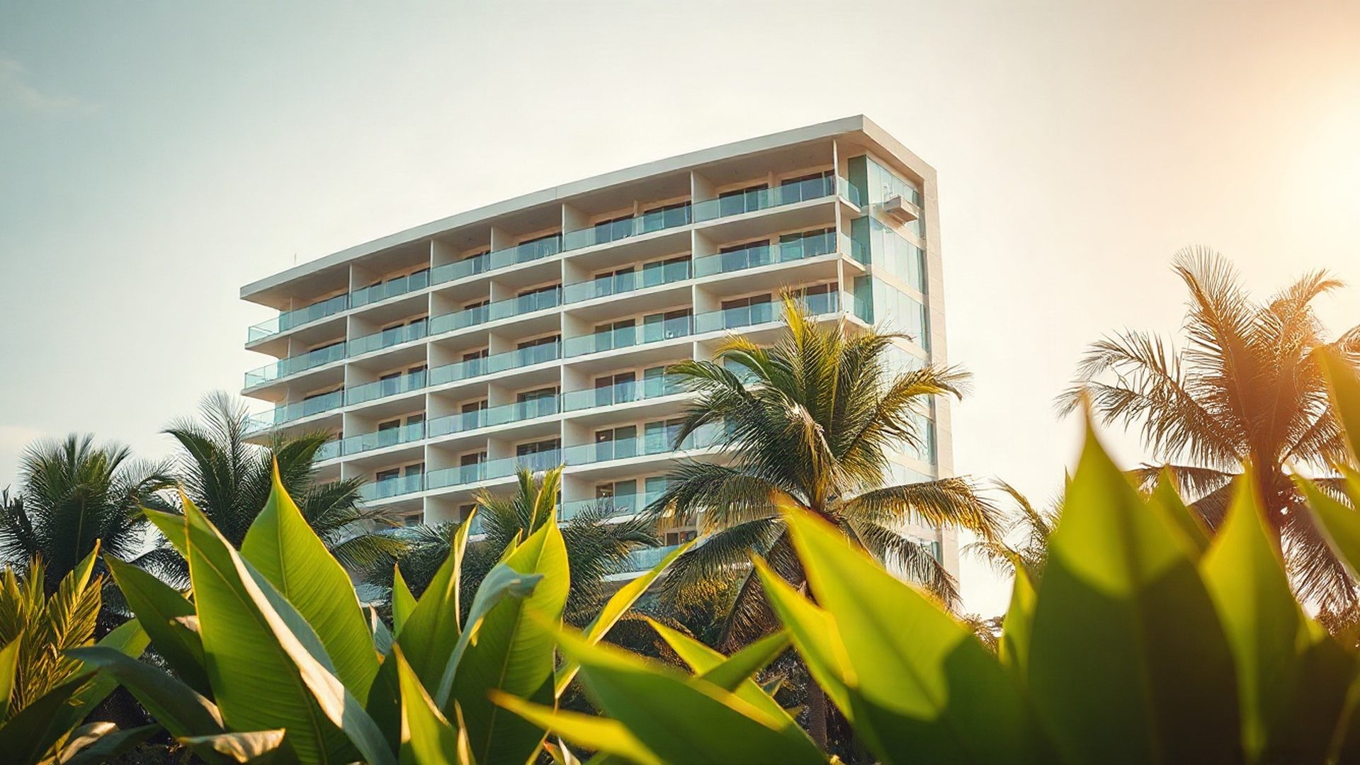 Modern Fortaleza beachfront apartment building framed by tropical foliage